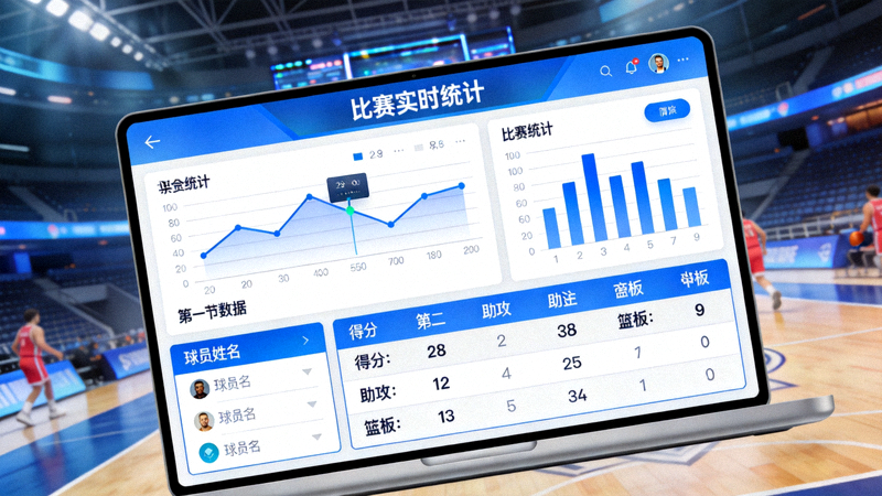 体育数据分析界面，屏幕上展示比赛统计图表与数据面板